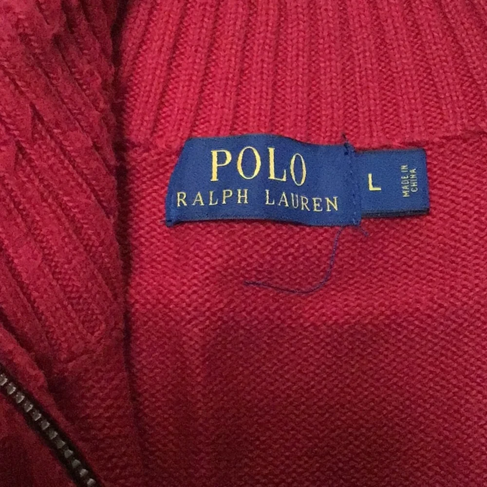 Polo Ralph Lauren Quarter Zip Black Logo Leather tab Zipper Red‎ Sweater Large